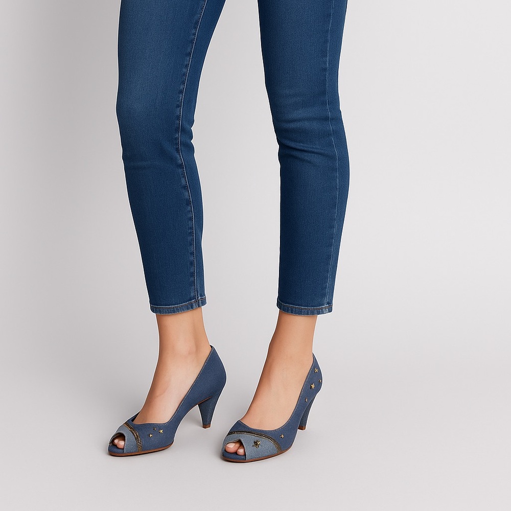 Marc By Marc Jacobs Blue Denim Peep-Toe Heels with Gold Star Studs